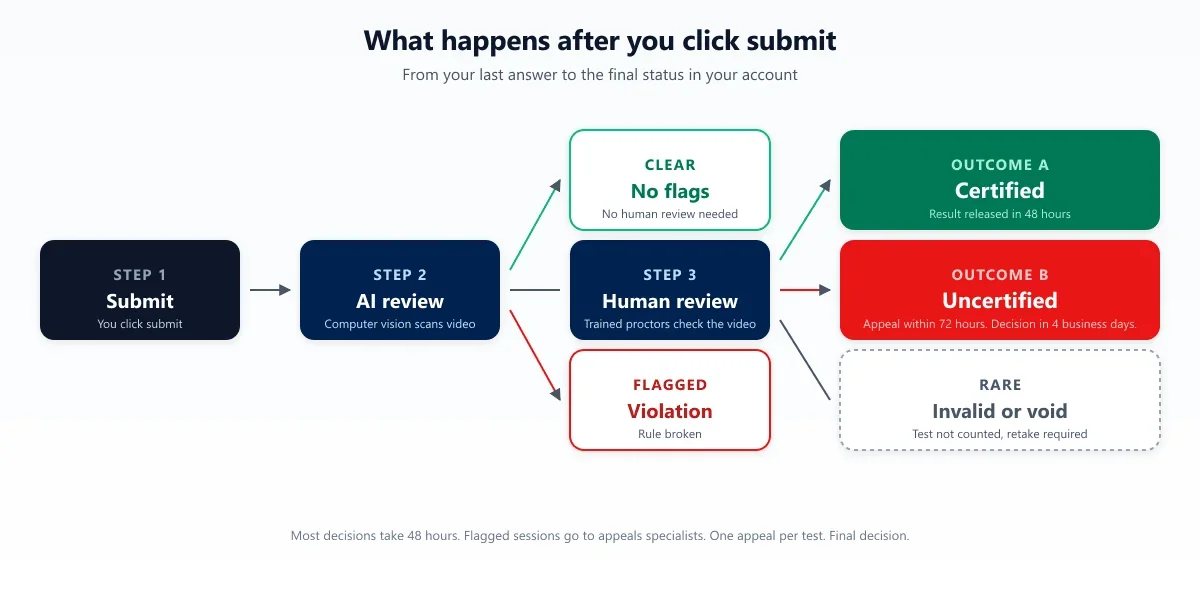 Duolingo English Test post-submit review process flowchart. After you submit the DET, the AI reviews your session. A clear path leads to a Certified result within 48 hours. A flagged path goes to human review, which returns either an Uncertified status or an override to Certified.