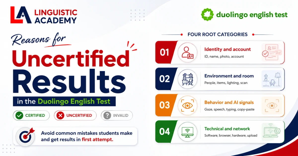 Reasons for Uncertified Results in Duolingo English Test (DET) - Learn about Duolingo English Test scores, proctoring rules, and certification requirements with Linguistic Academy