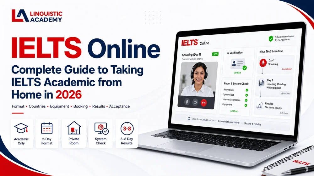 IELTS Online: complete guide to taking IELTS Academic from home in 2026 cover image by Linguistic Academy