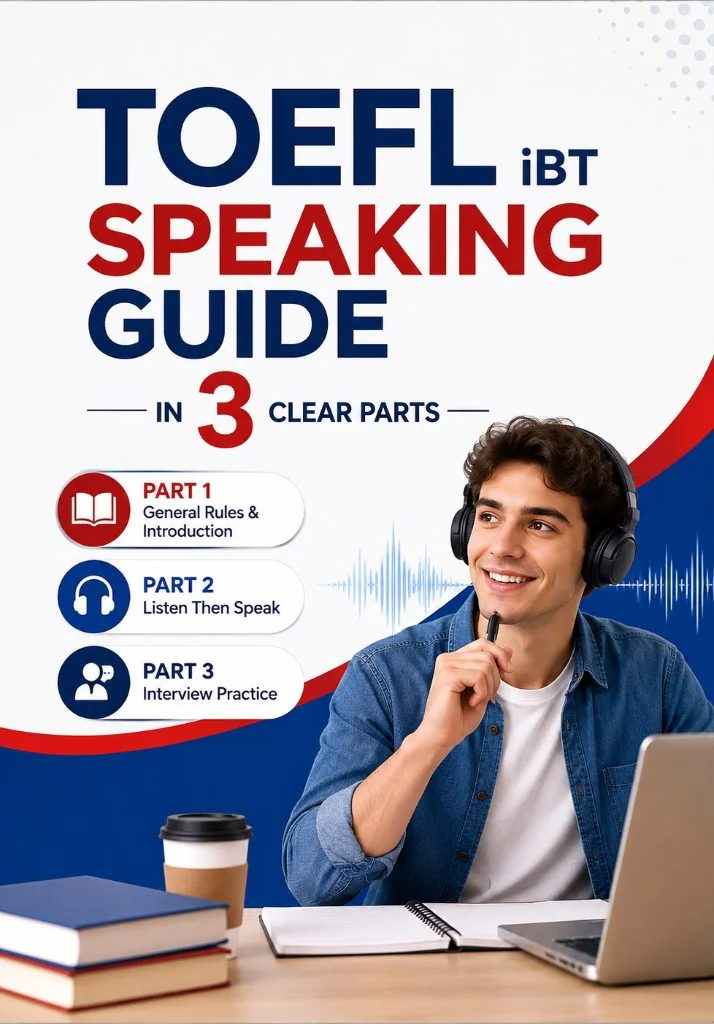 TOEFL iBT Speaking Guide cover showing Listen and Repeat and interview practice for the 2026 format