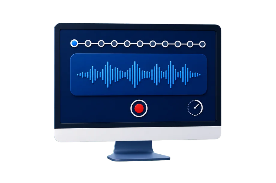 Illustration of a computer-based speaking simulation with progress, audio, recording, and timing controls.