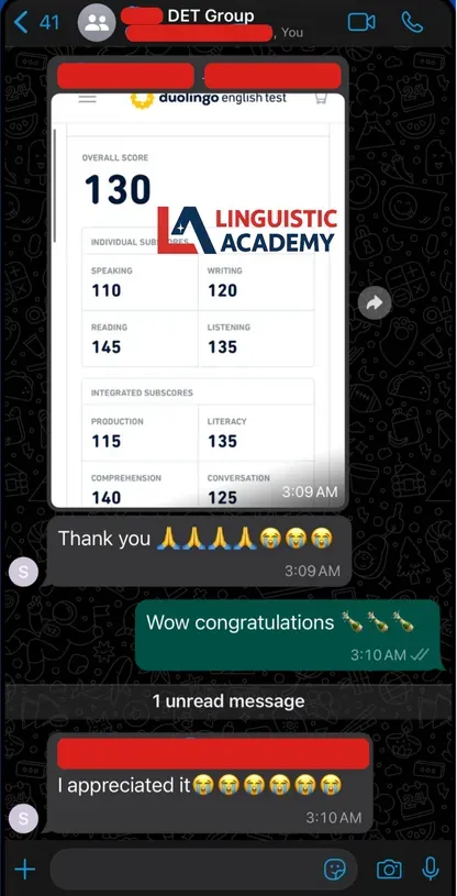 Student shares Duolingo English Test score verification with Linguistic Academy support