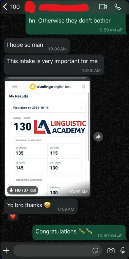 Linguistic Academy WhatsApp conversation showing successful exam score result