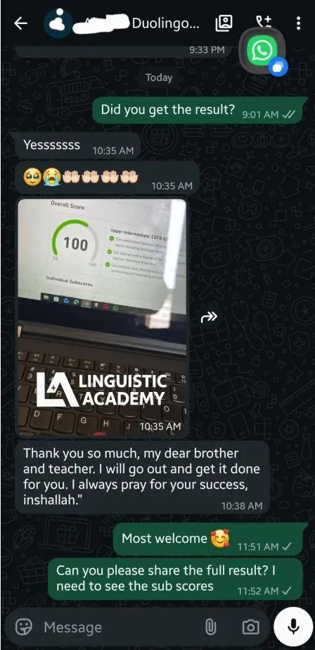 WhatsApp conversation showing Duolingo English Test score verification from Linguistic Academy student