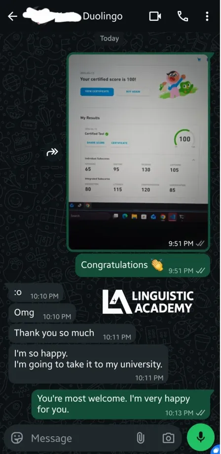 Student shares certified English test score result with Linguistic Academy via WhatsApp