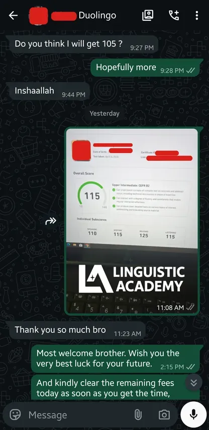 Duolingo English Test certified score result shared via WhatsApp by Linguistic Academy student