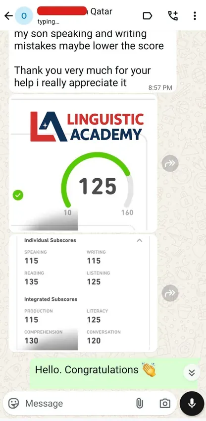 WhatsApp chat showing Duolingo English Test score verification from Linguistic Academy student in Saudi Arabia